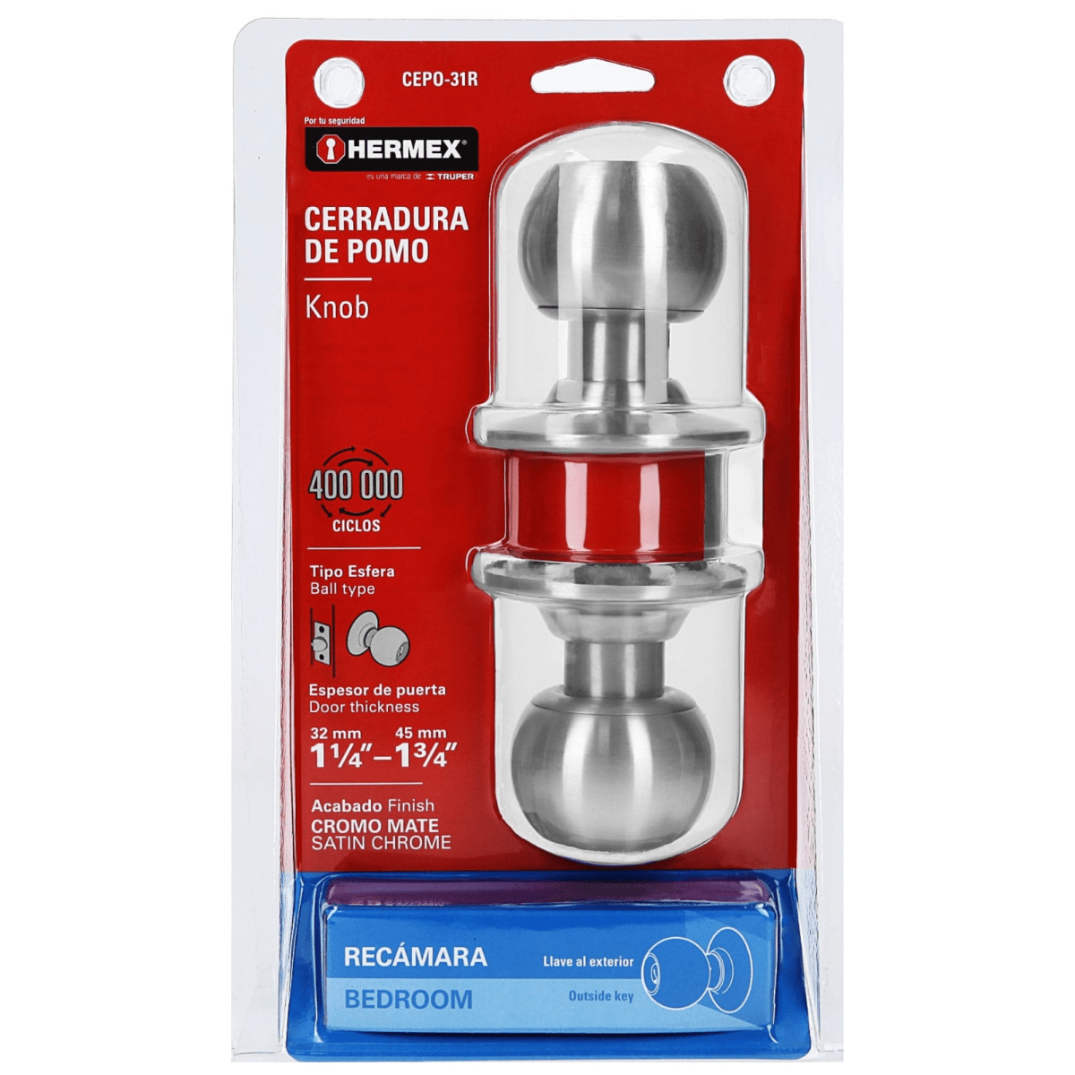 Cerradura  chapa bola para recámara, cromo mate Hermex6
