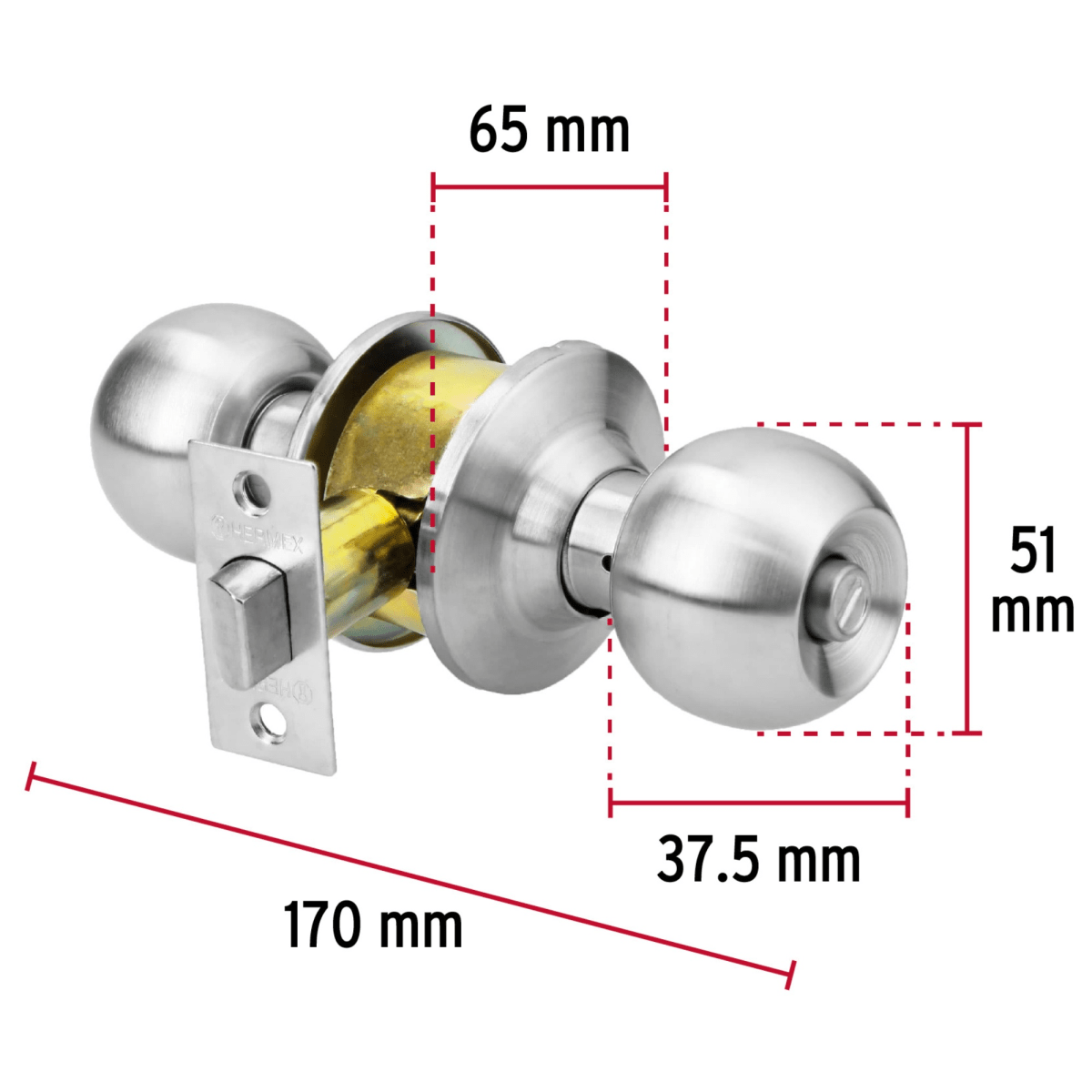 Cerradura  chapa bola para baño, cromo mate Hermex3