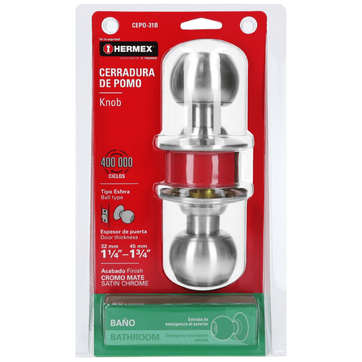 Cerradura  chapa bola para baño, cromo mate Hermex5