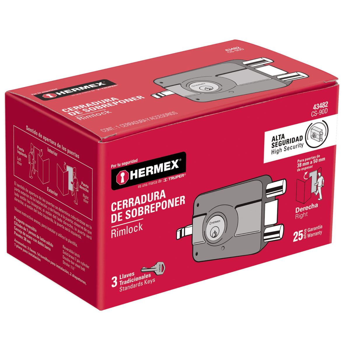 Chapa Cerradura sobreponer derecha doble Hermex6