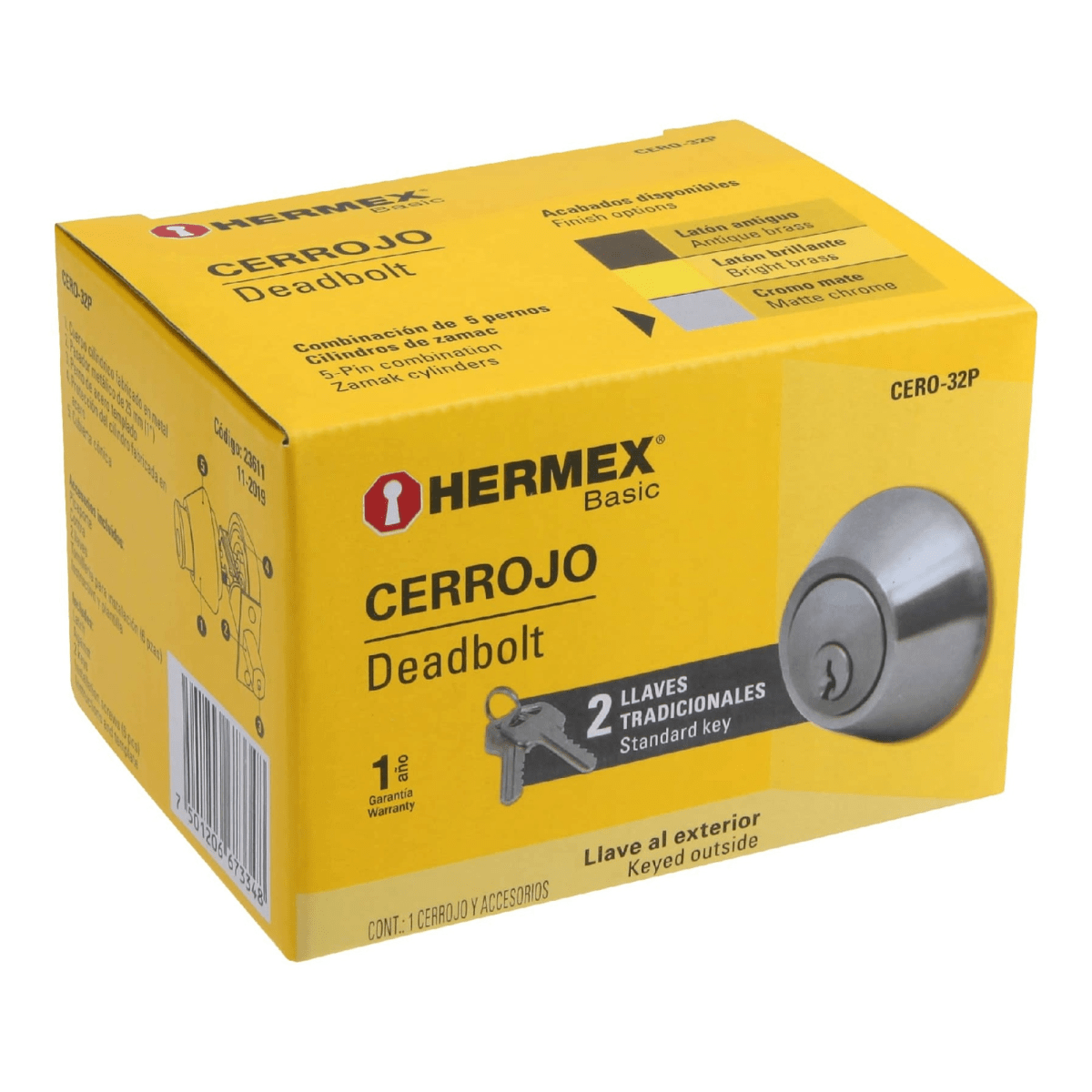 Chapa Cerrojo cromo mate llave tradicional Hermex6