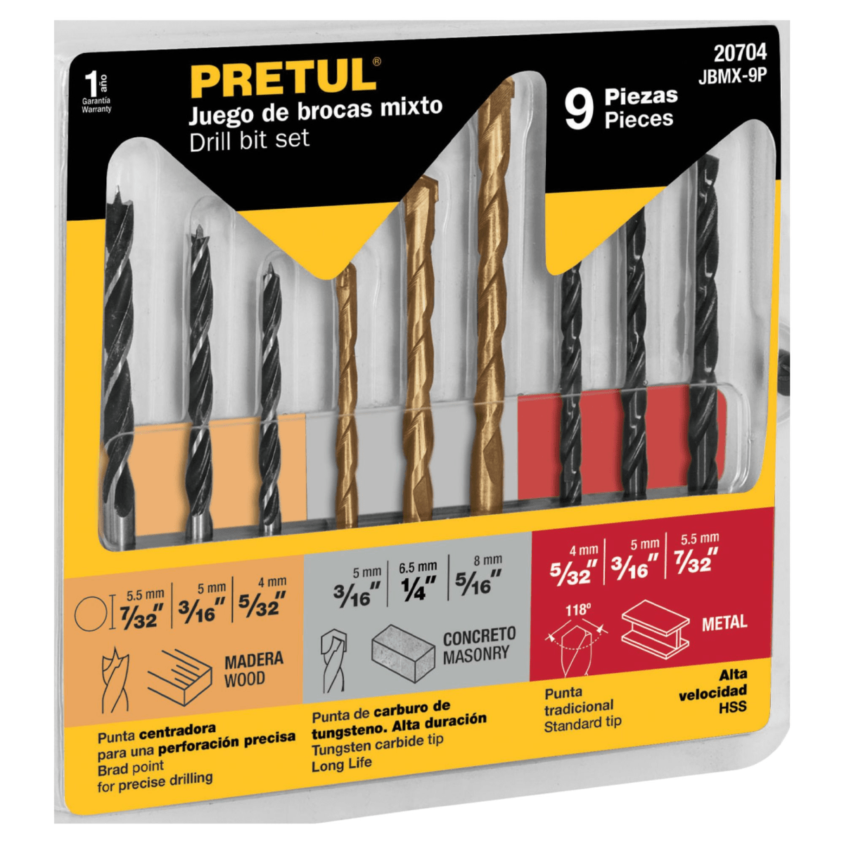 Juego de brocas para metal, concreto y madera 9 piezas pretul2