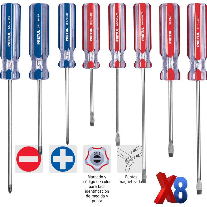 Juego desarmadores, 8 pz, mango pvc, pretul1