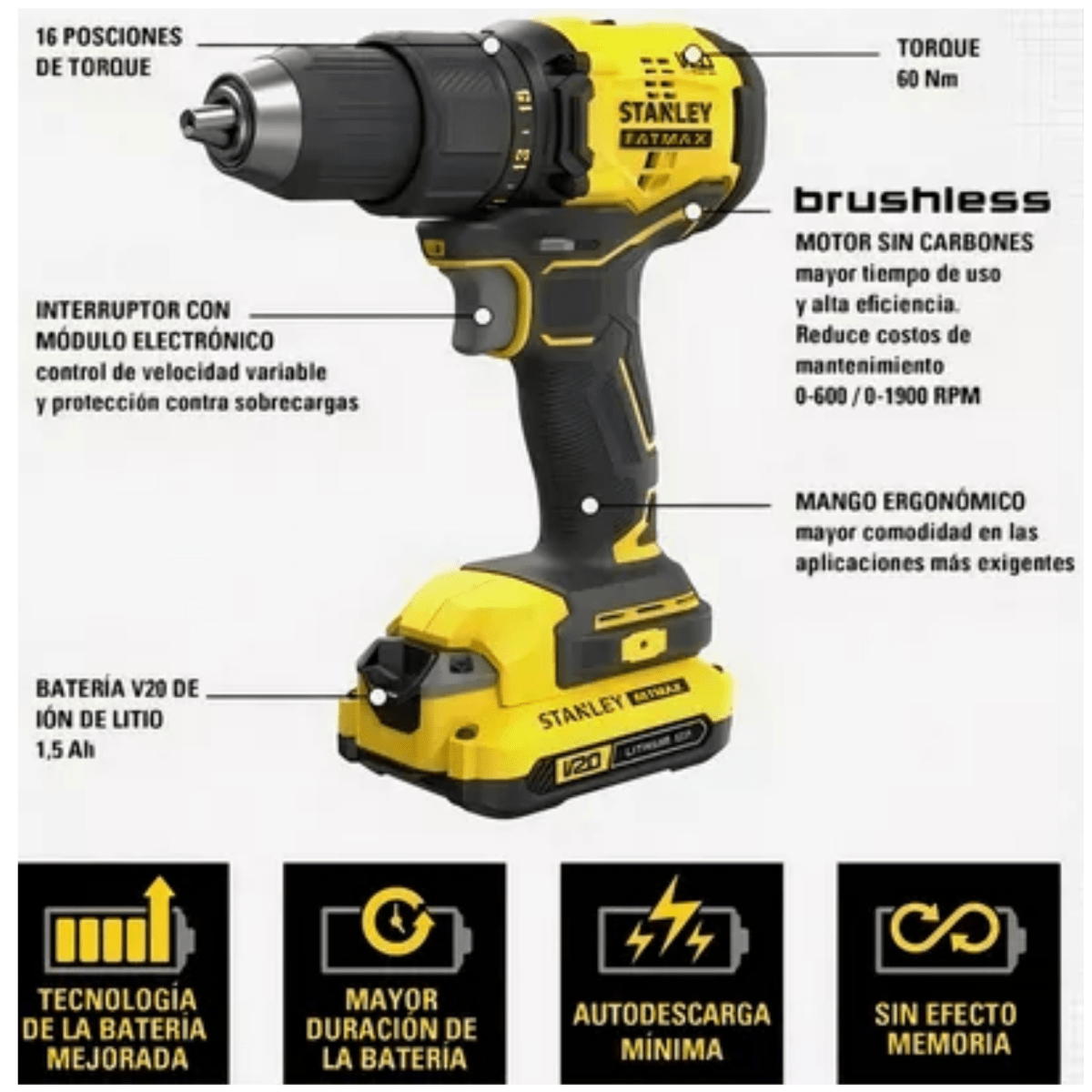 TALADRO PERCUTOR INALAMBRICO BRUSHLESS 20V SET 100 PUNTAS Y BROCAS STANLEY3