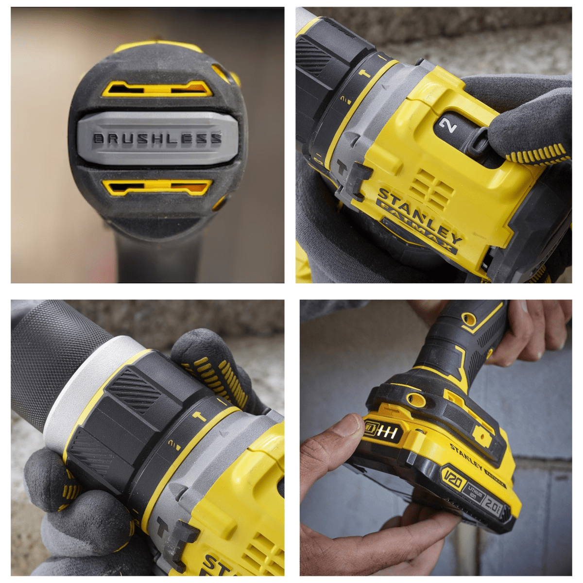 TALADRO PERCUTOR INALAMBRICO BRUSHLESS 20V SET 100 PUNTAS Y BROCAS STANLEY6