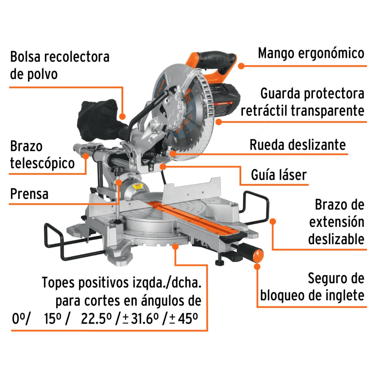Sierra ingleteadora telescópica 1800W corte madera y aluminio 2 1/2 HP3