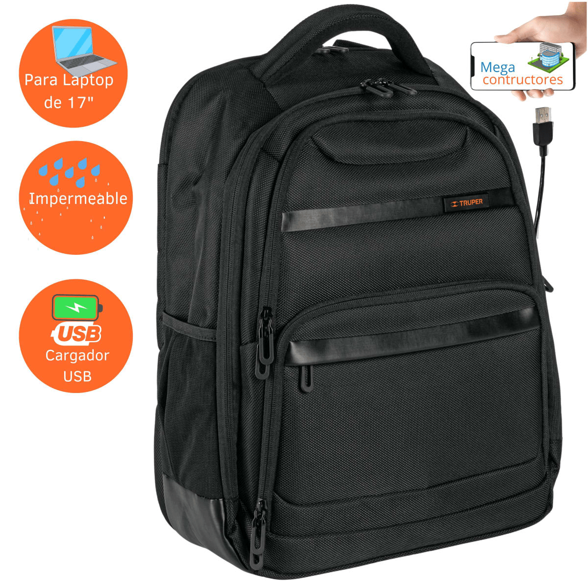 Mochila porta laptop Truper USB Mochila de Hombre - Negro / L1