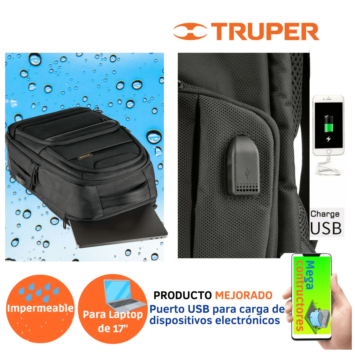 Mochila porta laptop Truper USB Mochila de Hombre - Negro / L2