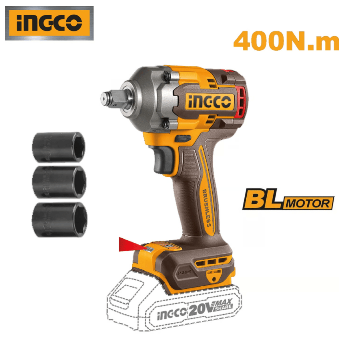 COMBO TALADRO INALAMBRICO 20 BRUSHLESS + LLAVE DE IMPACTO  INGCO2