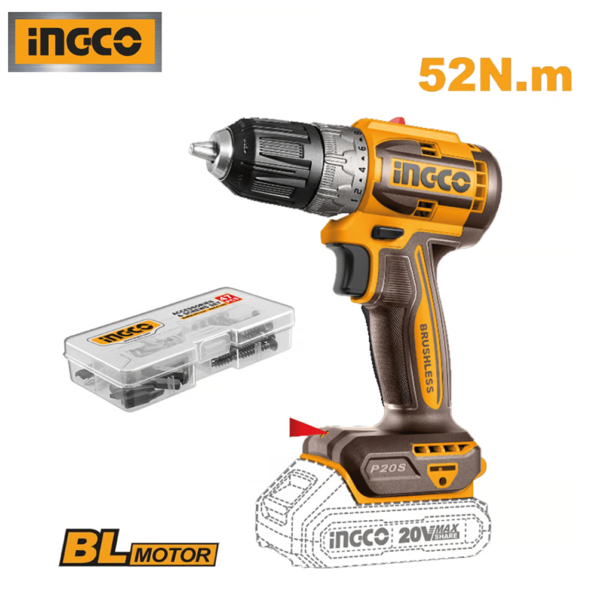 COMBO TALADRO INALAMBRICO 20 BRUSHLESS + LLAVE DE IMPACTO  INGCO5