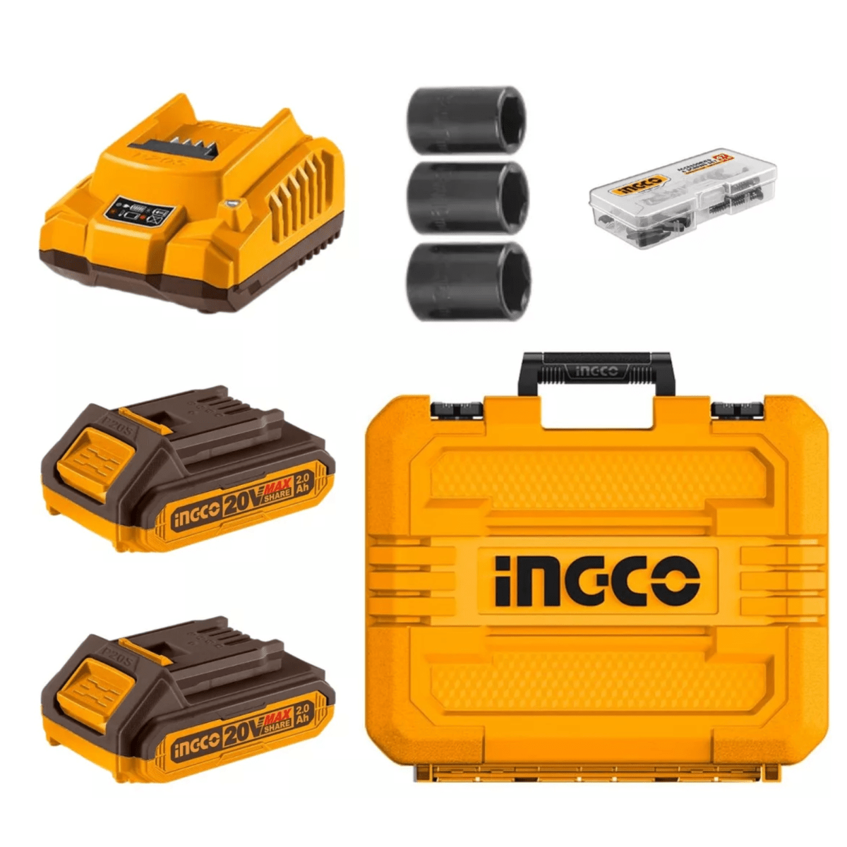 COMBO TALADRO INALAMBRICO 20 BRUSHLESS + LLAVE DE IMPACTO  INGCO8