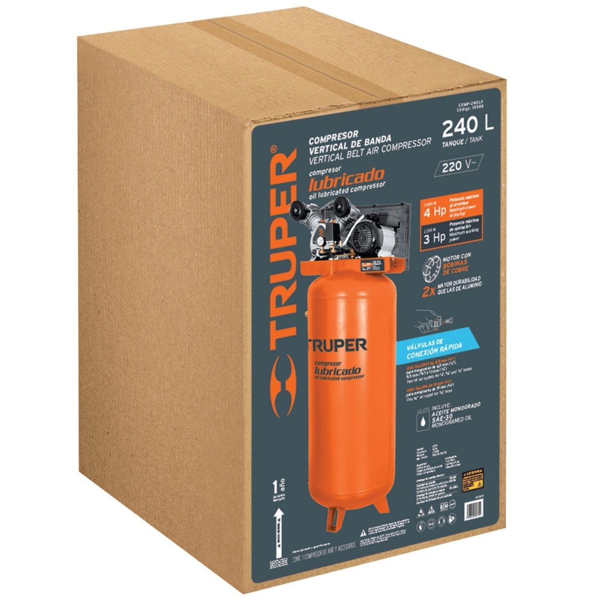 Compresora de aire 240L lubricada de banda vertical Truper5