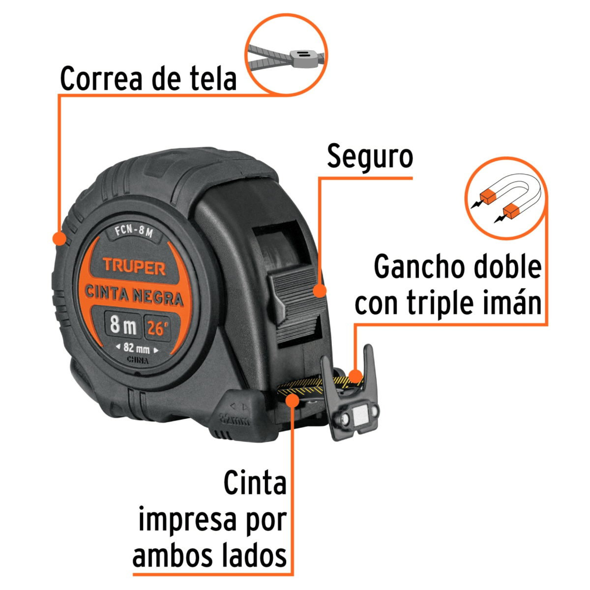 Wincha Magnética contra impactos Cinta Métrica 8m cinta Negra TRUPER2