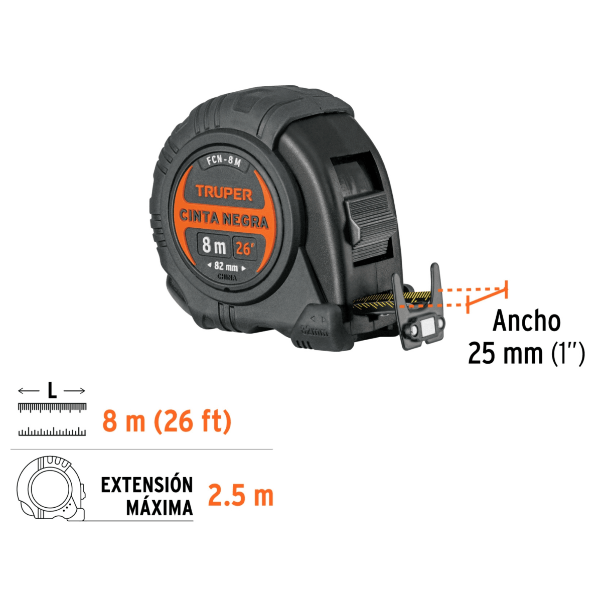 Wincha Magnética contra impactos Cinta Métrica 8m cinta Negra TRUPER5
