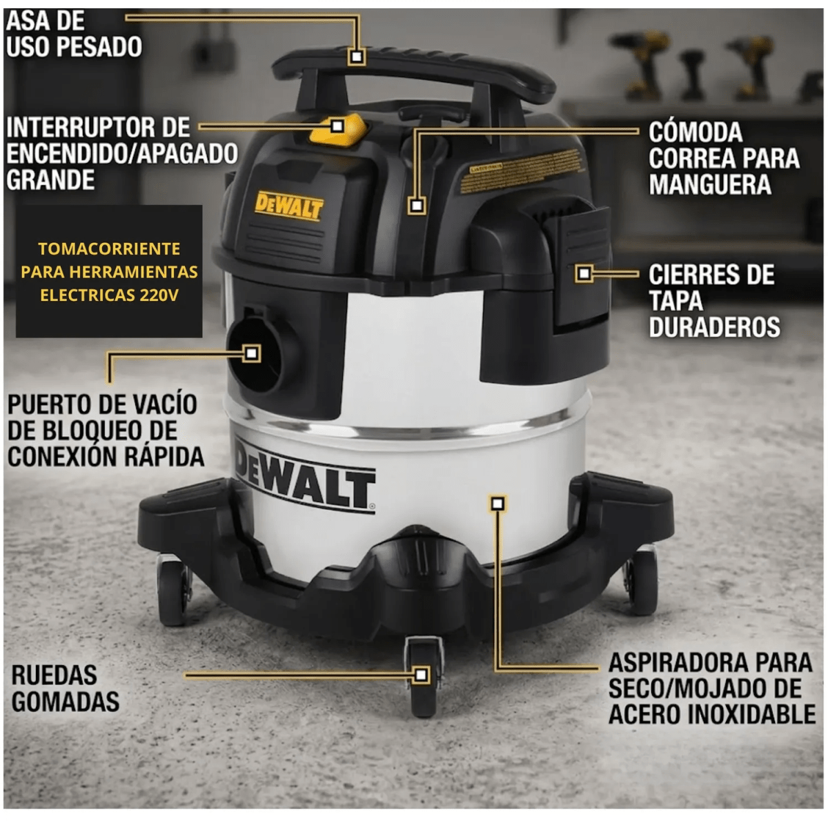 ASPIRADORA PARA SOLIDOS Y LIQUIDO 20 LITROS ACERO INOXIDABLE CON TOMA PARA HERAMIENTAS ELECTRICAS3