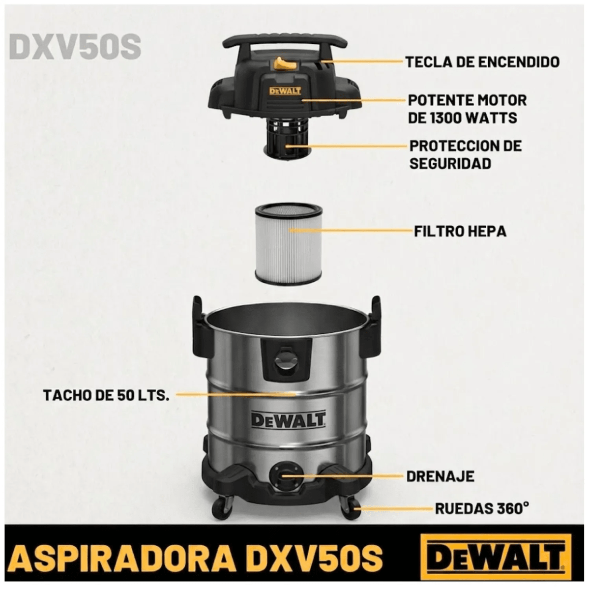 Aspiradora y sopladora de polvo y liquido 50L 1300W acero inox4