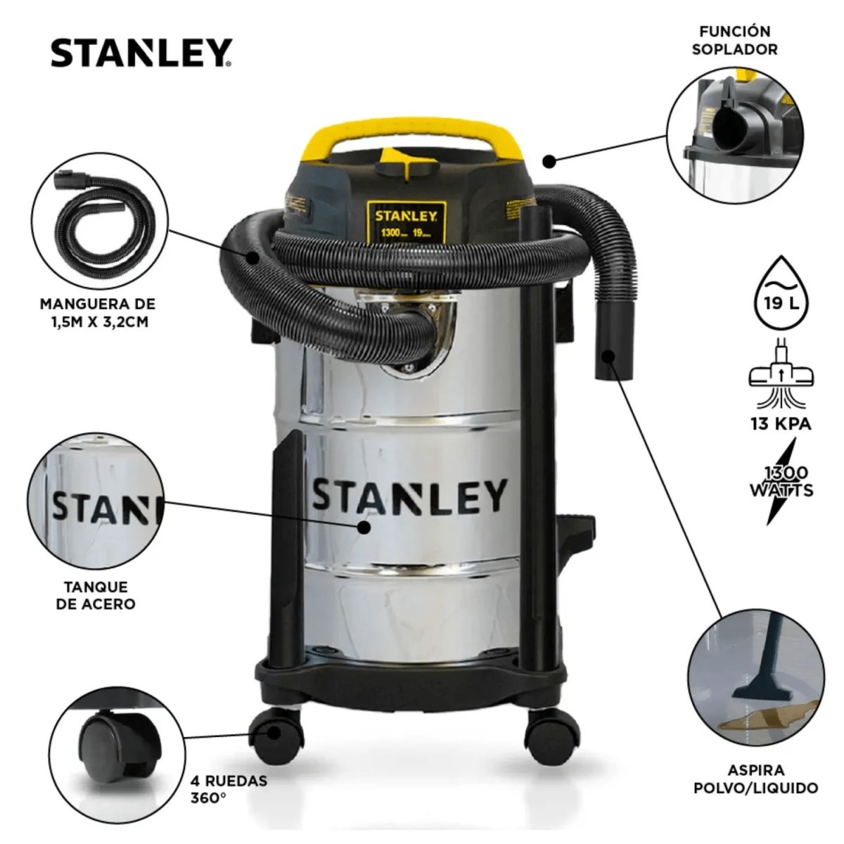 ASPIRADORA DE POLVO Y LIQUIDO 19 LITROS TANQUE ACERO INOXIDABLE STANLEY4