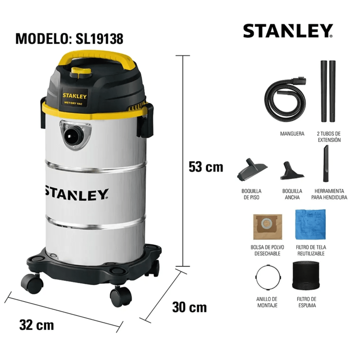 ASPIRADORA DE POLVO Y LIQUIDO 19 LITROS TANQUE ACERO INOXIDABLE STANLEY8