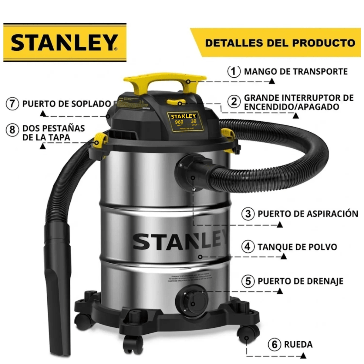 ASPIRADORA SOPLADORA DE SOLIDO Y LIQUIDO 30 LITROS ACERO INOXIDABLE STANLEY6