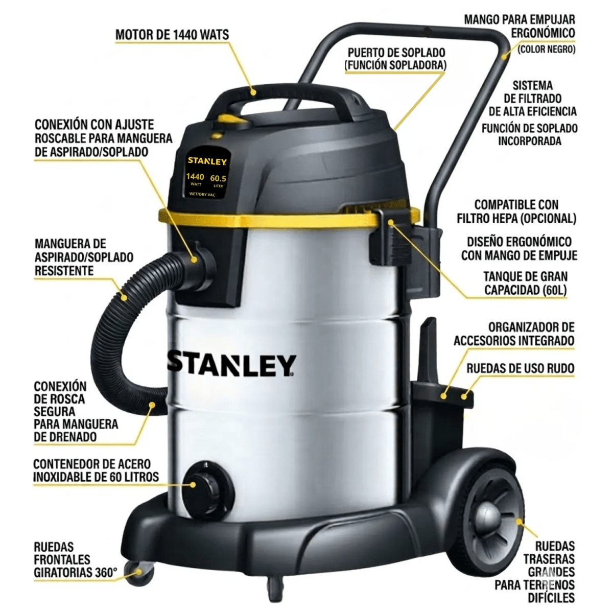 ASPIRADORA SOPLADORA DE POLVO Y LIQUIDO 60 LITROS, TANQUE ACERO INOXIDABLE STANLEY6