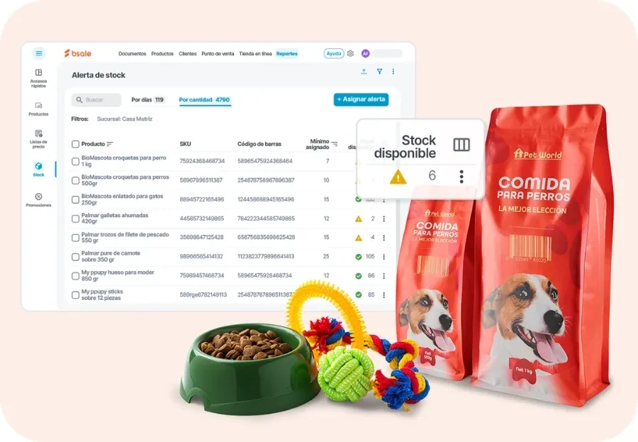 Alerta de stock de Bsale con un perro y un gato junto a productos de alimento y accesorios