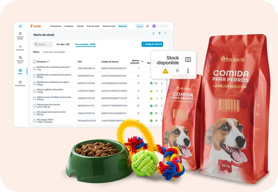 Alerta de stock de Bsale con un perro y un gato junto a productos de alimento y accesorios