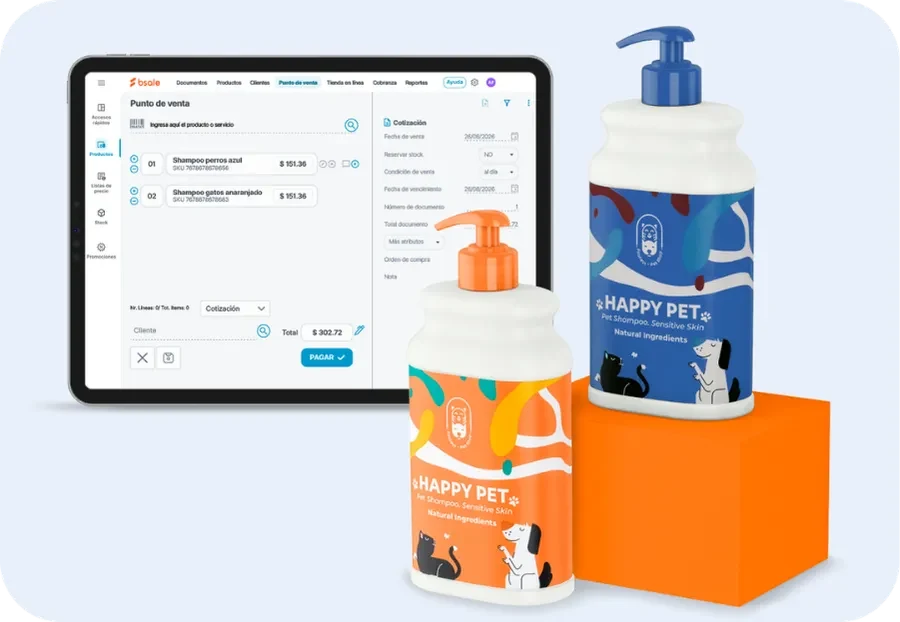 Punto de venta de Bsale mostrando una venta en curso con productos para mascotas