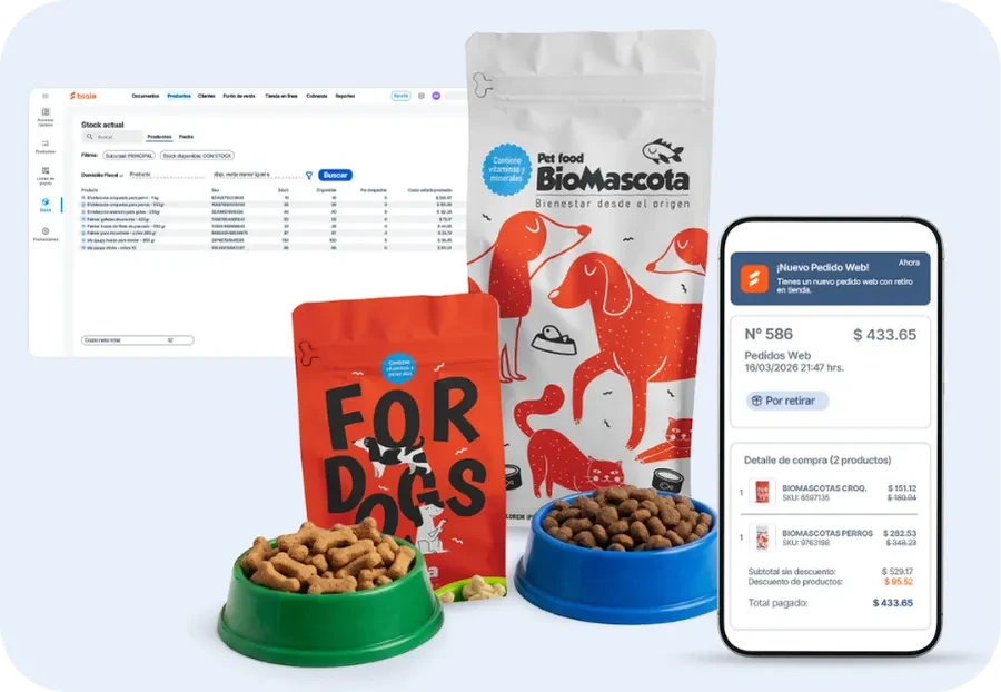 Panel de catálogo de productos de Bsale mostrando stock actual y lista de alimentos para mascotas