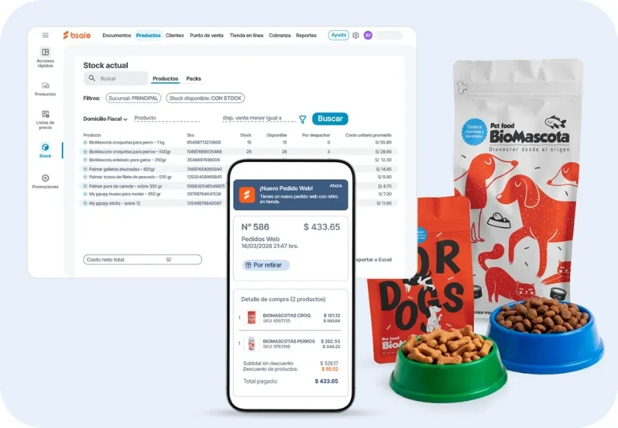Panel de catálogo de productos de Bsale mostrando stock actual y lista de alimentos para mascotas