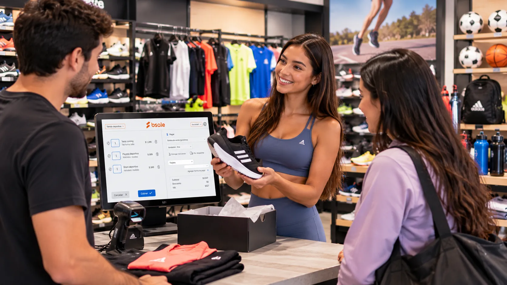 Vendedora mostrando unos tenis deportivos a dos clientes en una tienda de artículos deportivos.