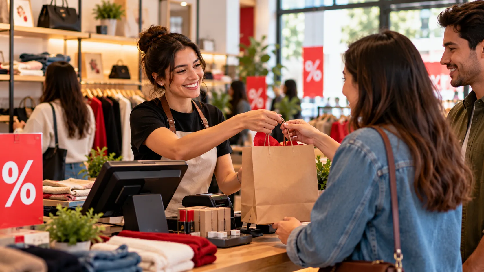 Vendedora atendiendo a clientes en su negocio durante una campaña de promociones del Buen Fin