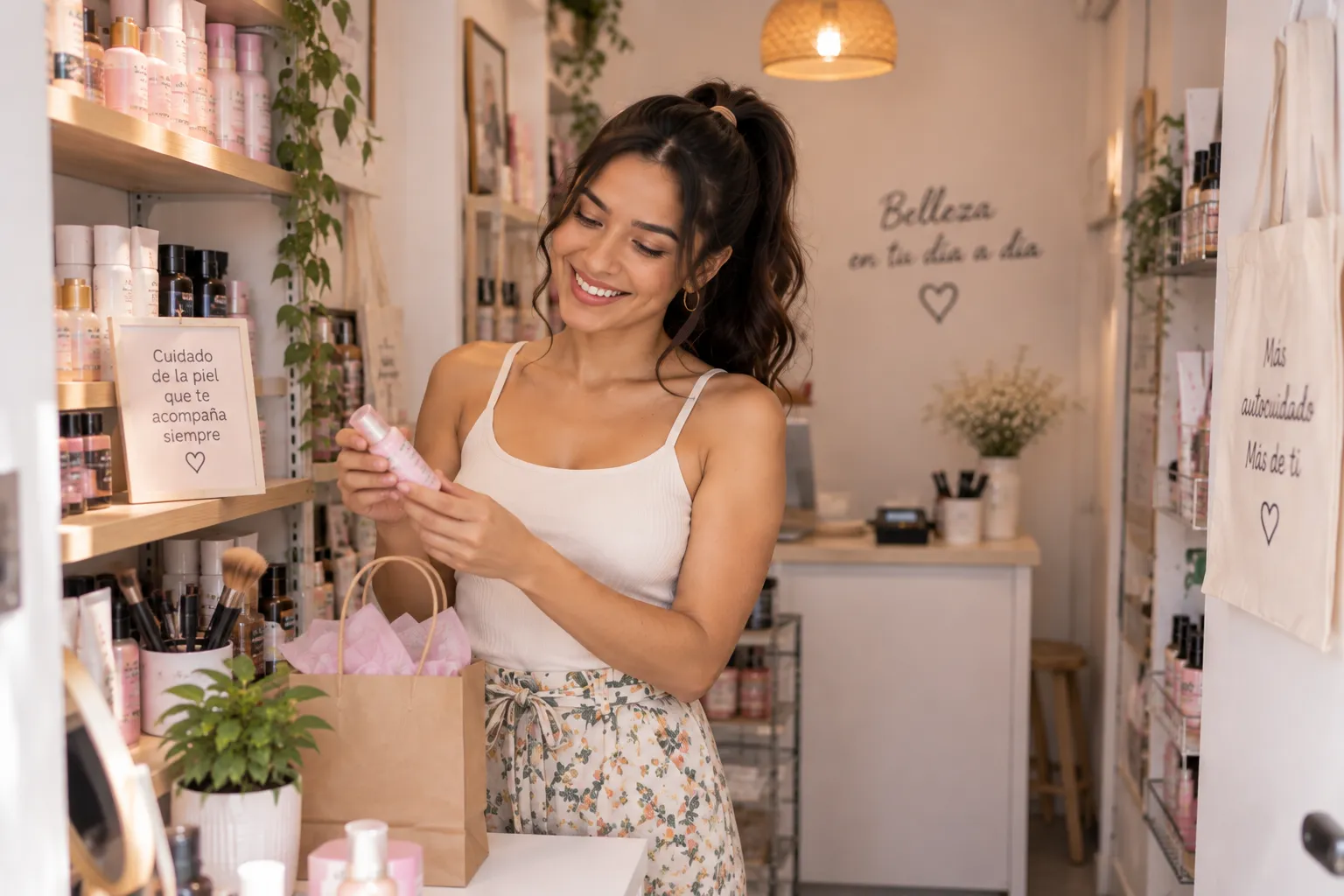 Emprendedora revisando productos en el inventario de su tienda de belleza