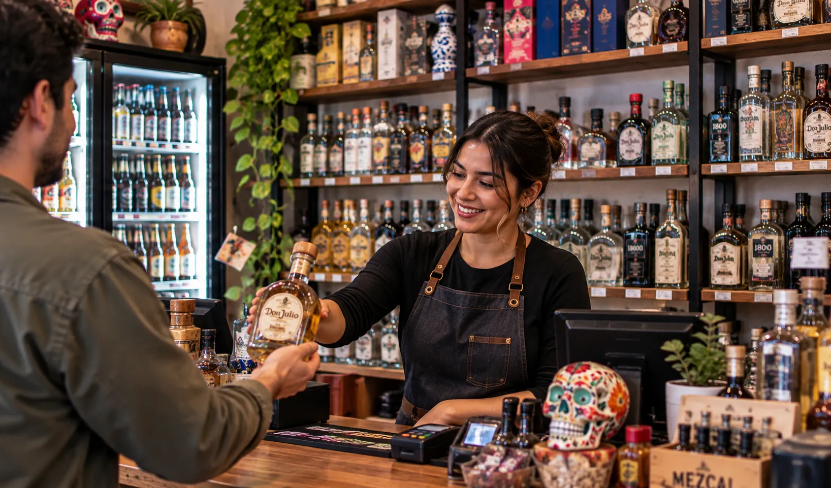 Emprendedora atendiendo a un cliente en su licorería en México