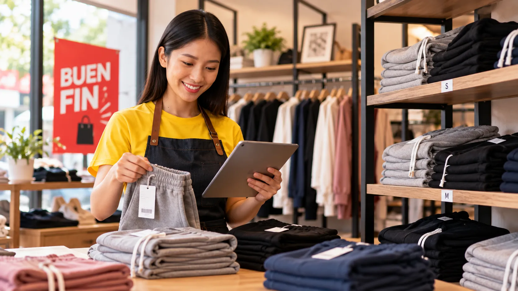 Dueña de una tienda de ropa deportiva revisando su inventario con una tablet antes del Buen Fin