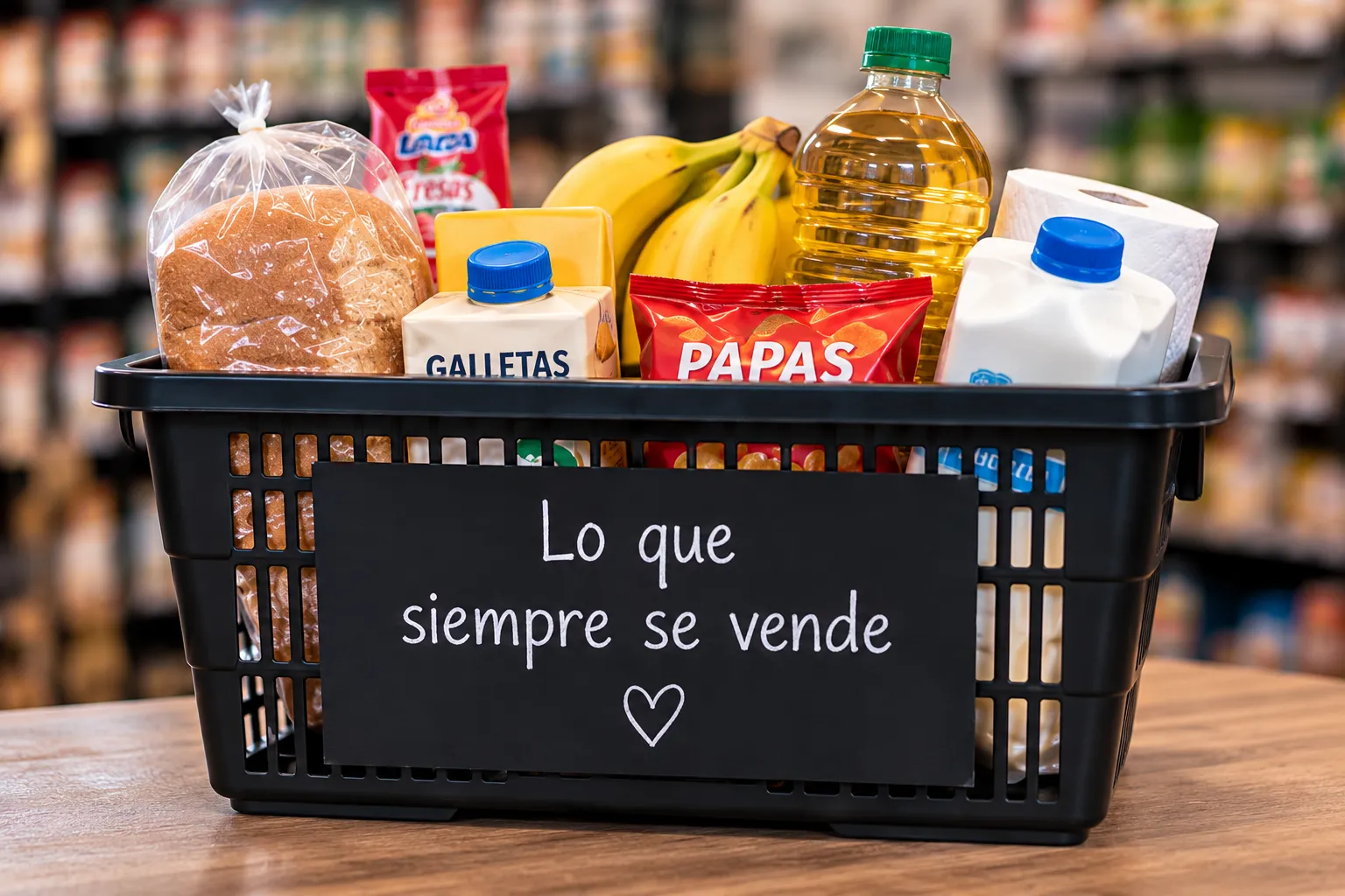 Canasta con productos de consumo frecuente para un negocio