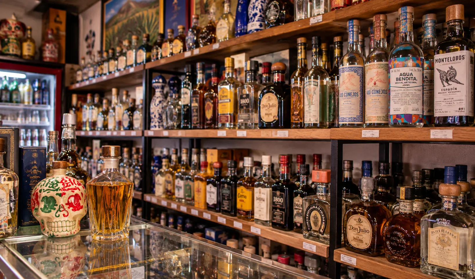 Exhibición de tequilas, mezcales y otras bebidas en una licorería en México