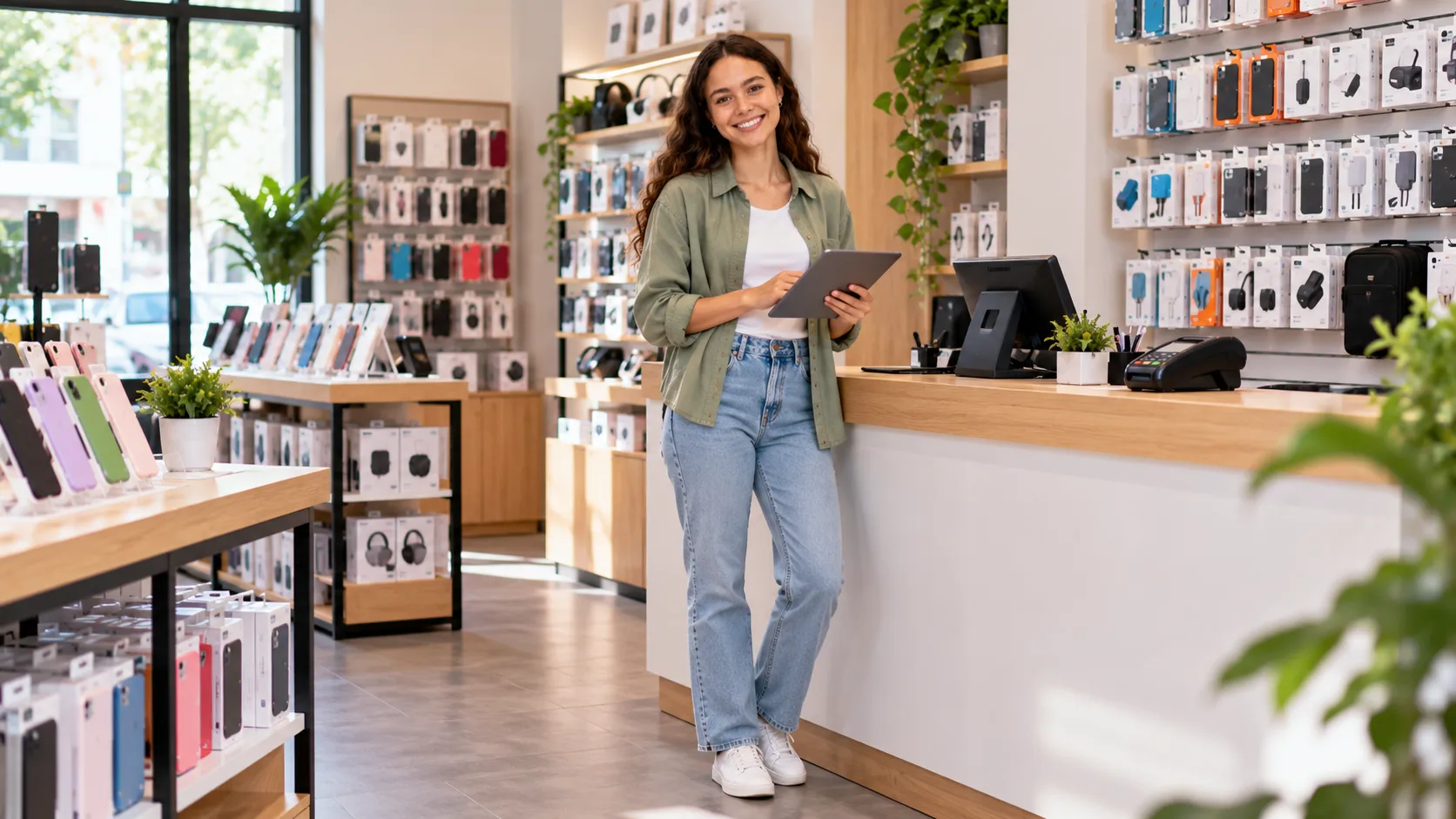 Dueña de un pequeño negocio de accesorios para celulares revisando información comercial desde una tablet.