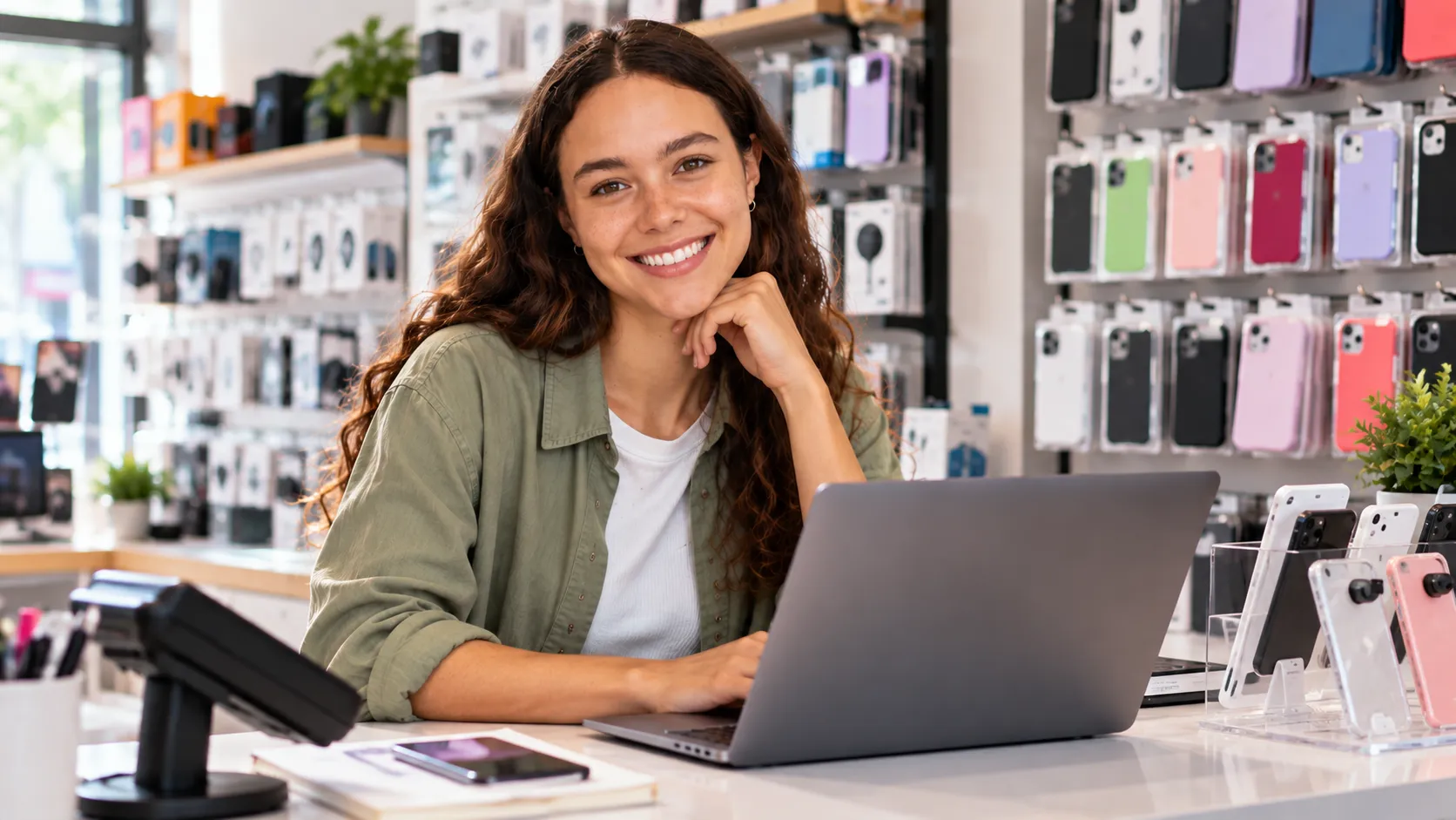 Dueña de una tienda de accesorios para celulares utilizando una laptop para administrar su negocio