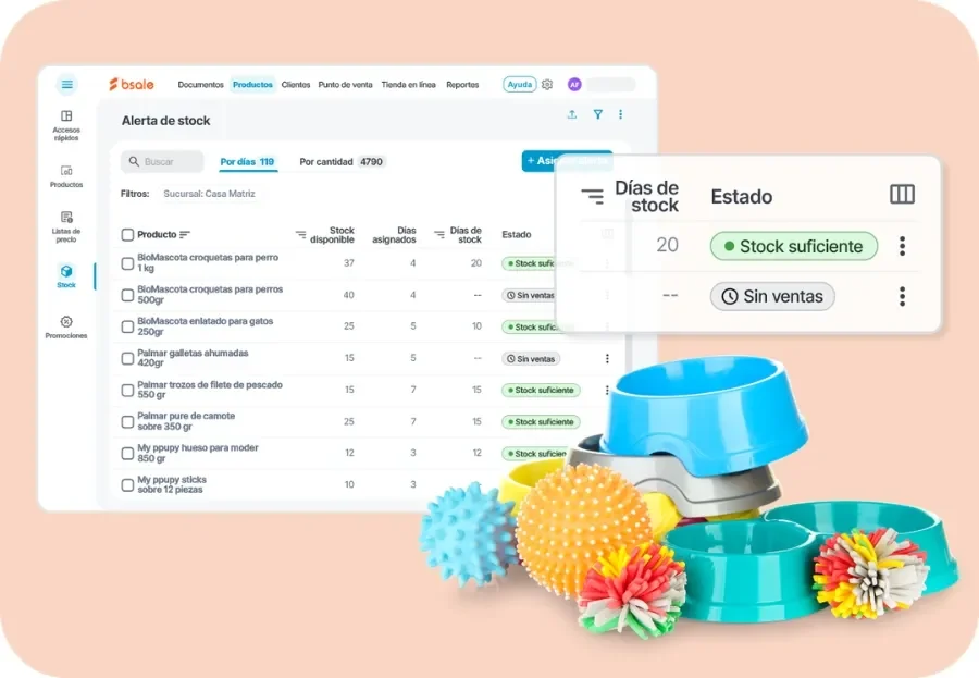 Panel de días de stock de Bsale estimando cuánto durará el inventario de alimento para mascotas