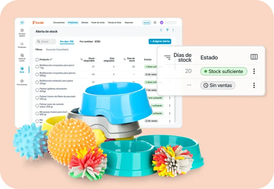 Panel de días de stock de Bsale estimando cuánto durará el inventario de alimento para mascotas