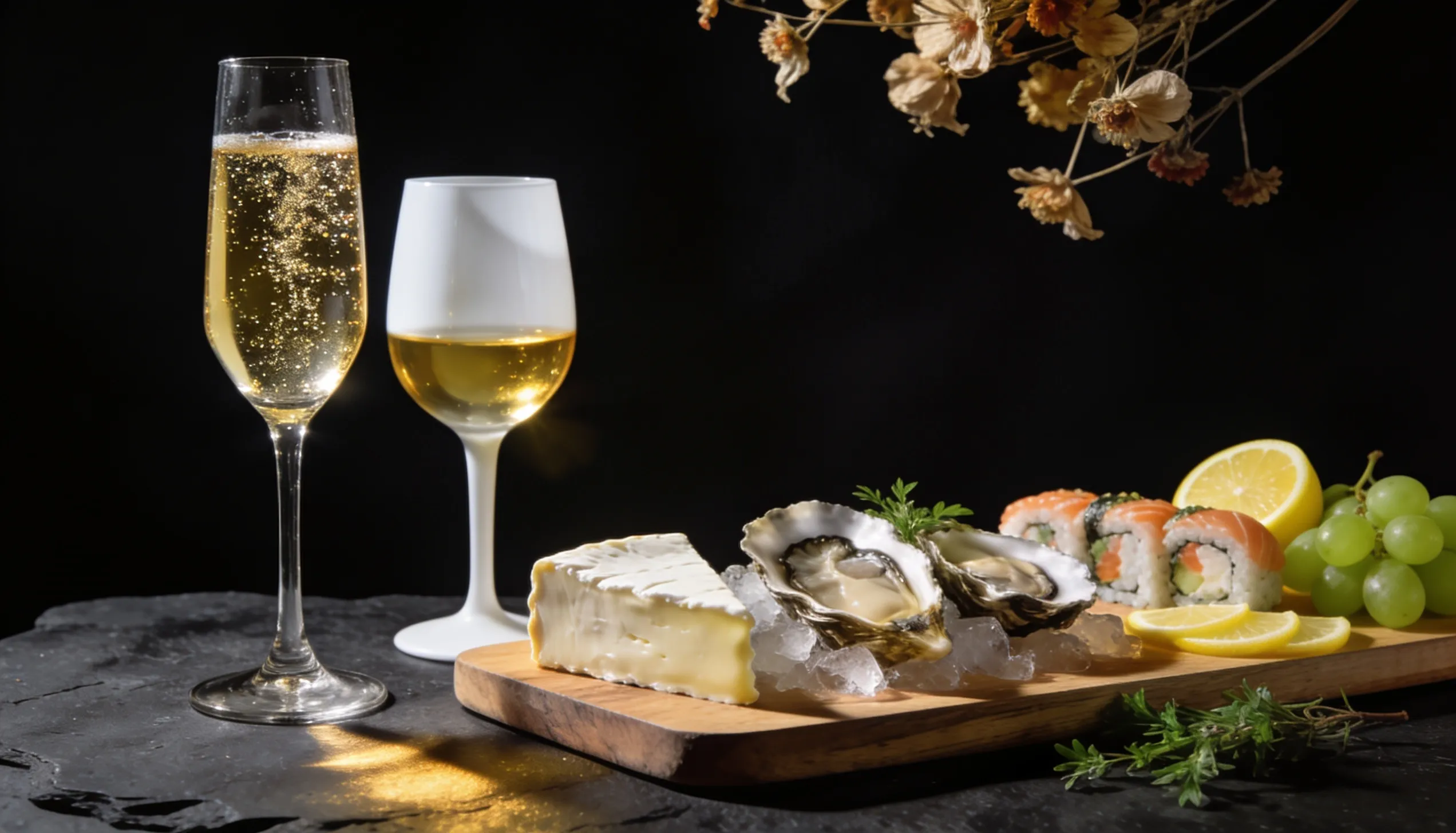 Copa de espumante y vino blanco con queso brie, mariscos frescos y sushi sobre mesa de mármol