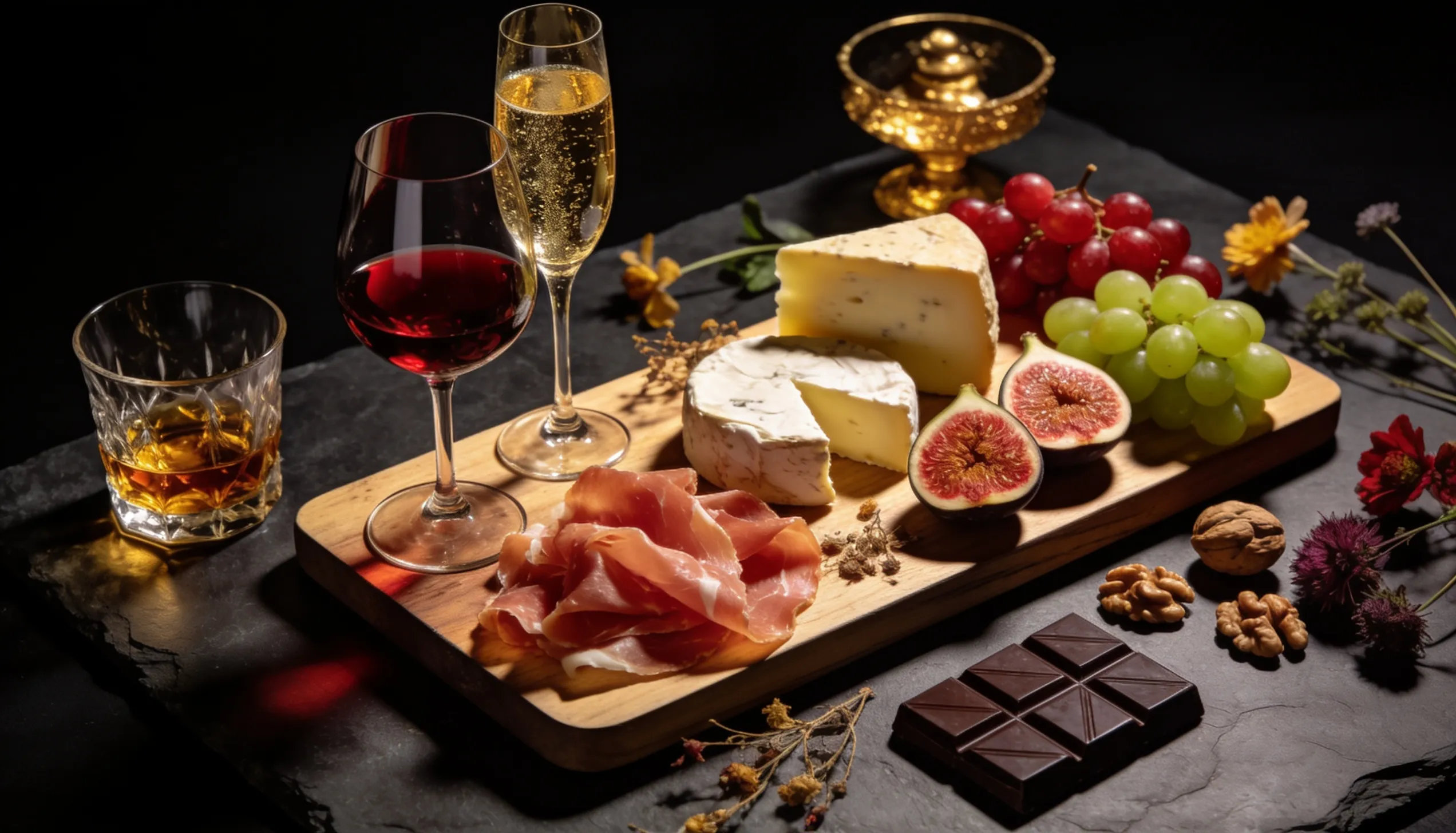 Mesa de maridaje completa con vinos, licores, quesos y embutidos sobre mesa de madera