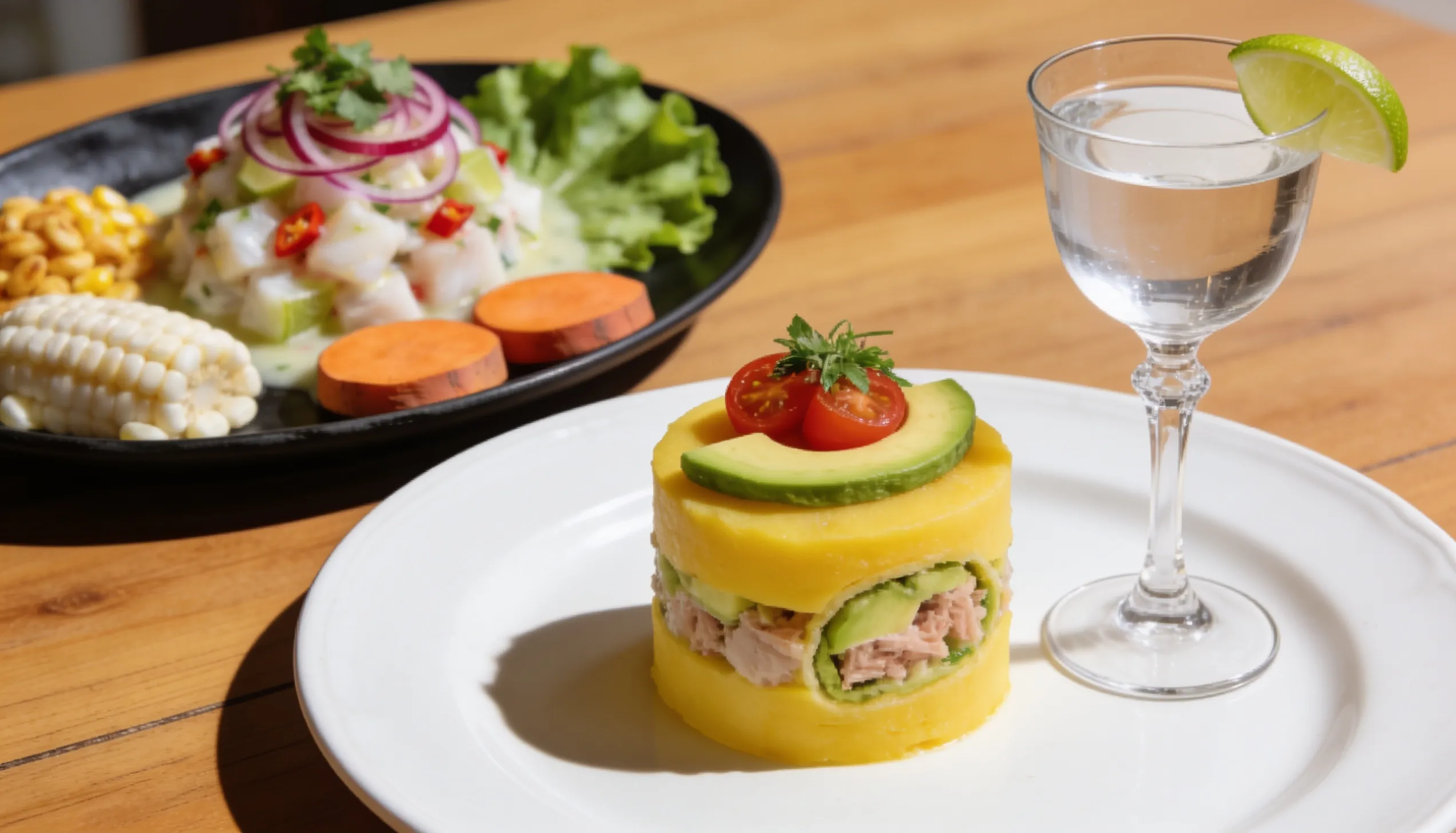 Causa limeña cilíndrica con capas de papa amarilla y ceviche clásico con choclo, canchita y rocoto junto a copa de pisco