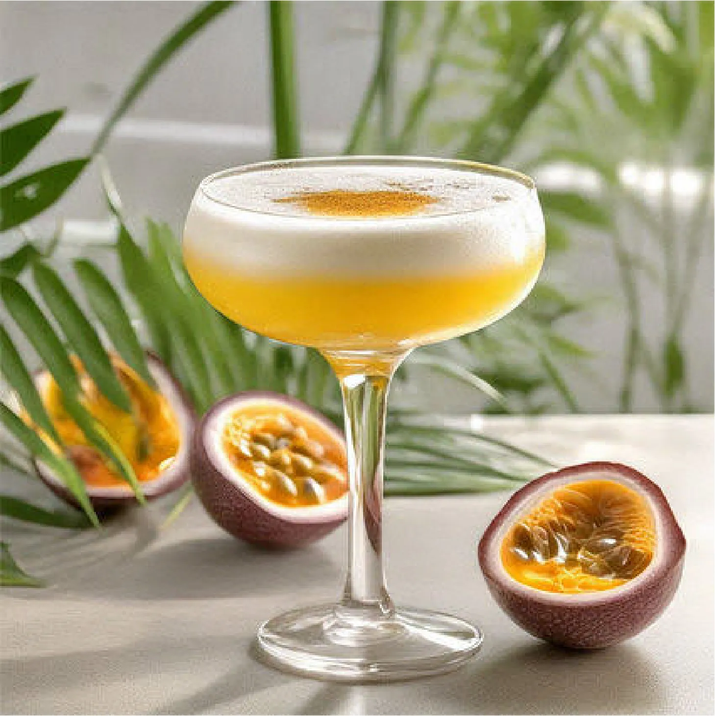 Pisco Sour de Maracuyá servido en copa con maracuyá fresco