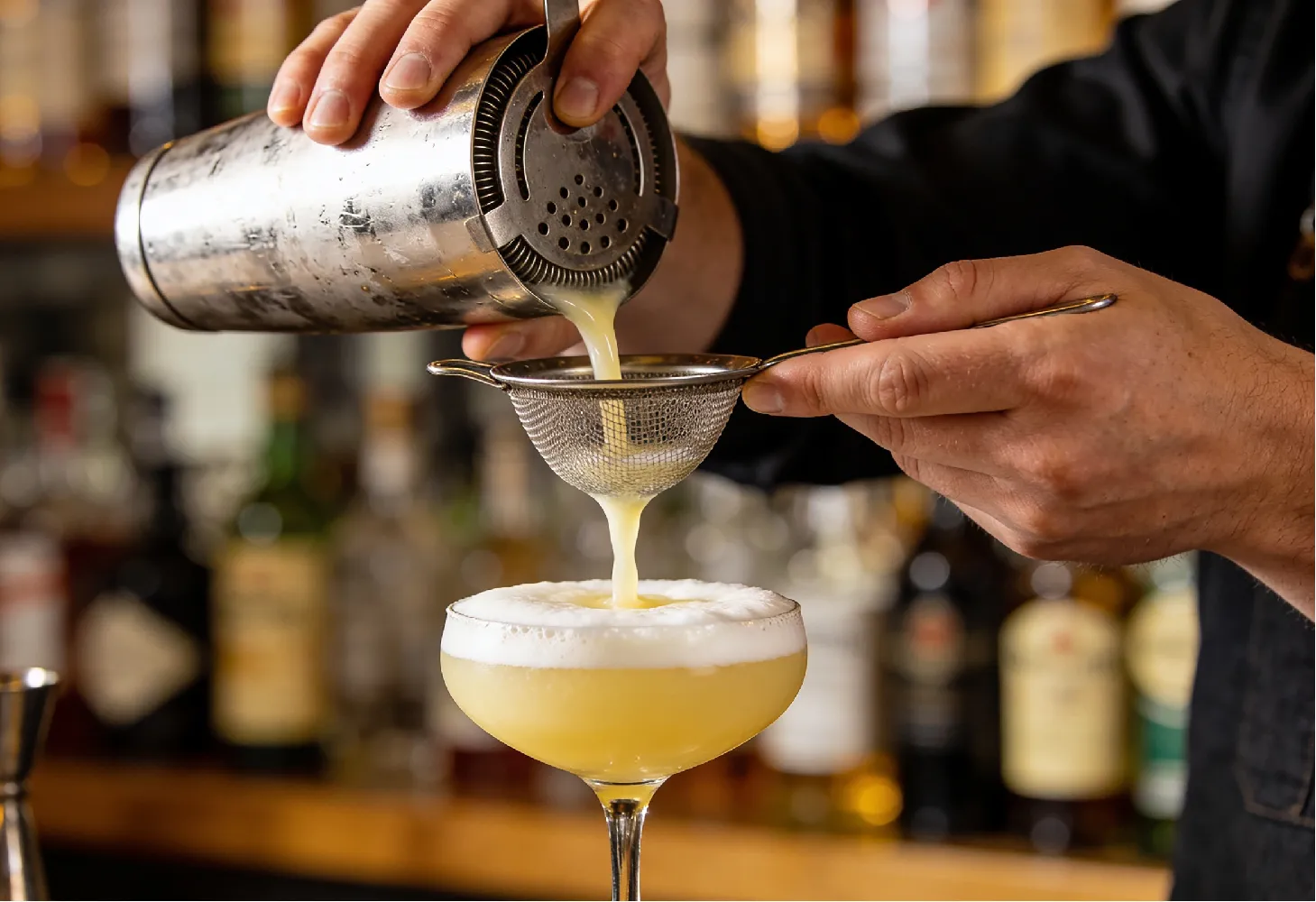 Sirviendo el Pisco Sour de Maracuyá desde la coctelera