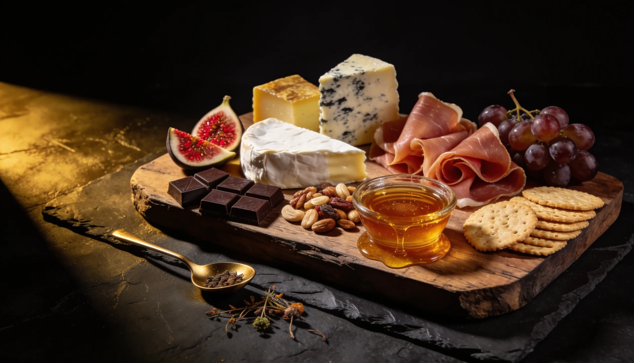 Tabla de quesos artesanales, embutidos, uvas, higos, nueces, miel y crackers sobre pizarra