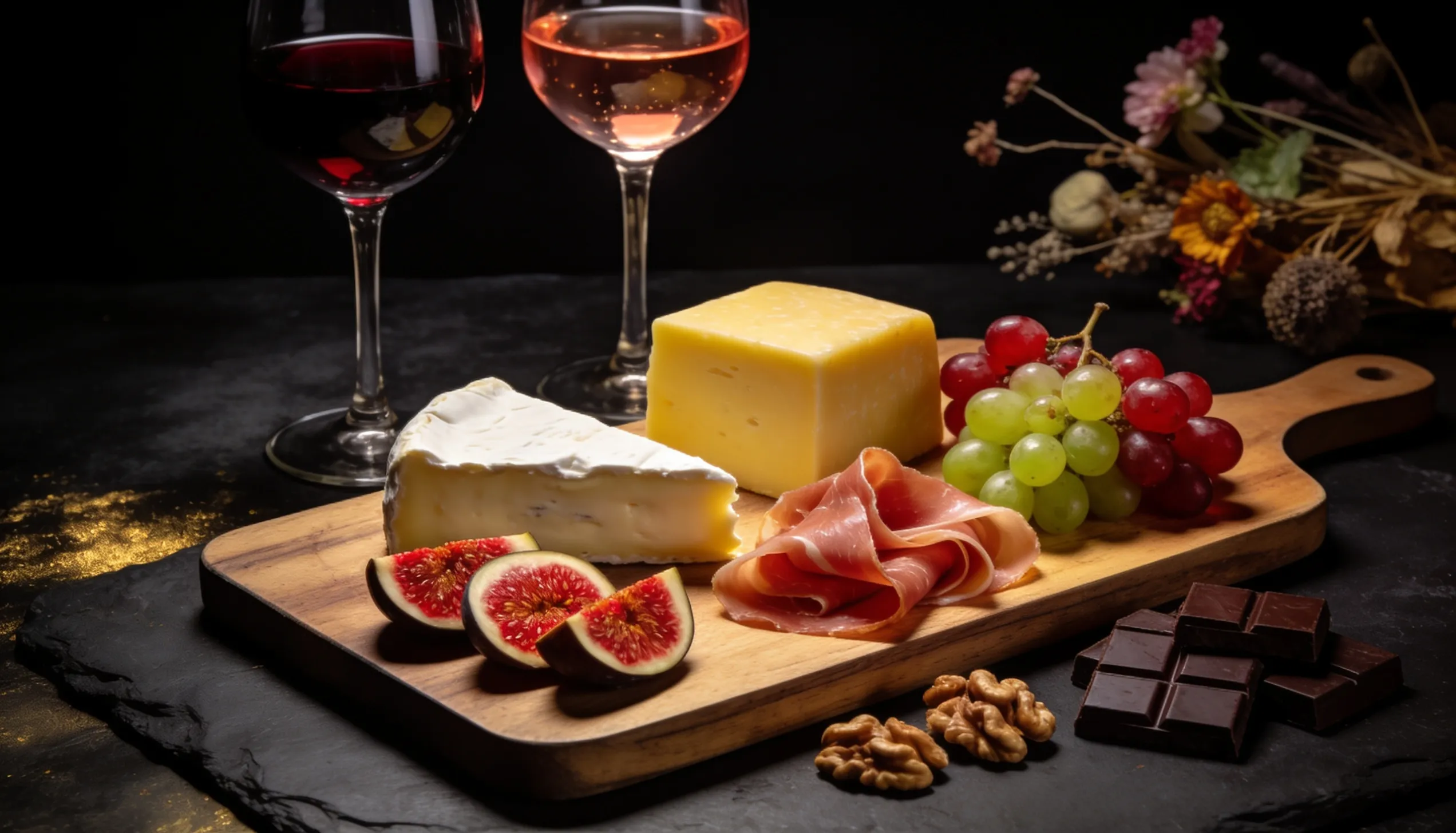 Copa de vino rosado y vino tinto junto a tabla de quesos, prosciutto, higos, uvas y chocolate sobre fondo oscuro elegante