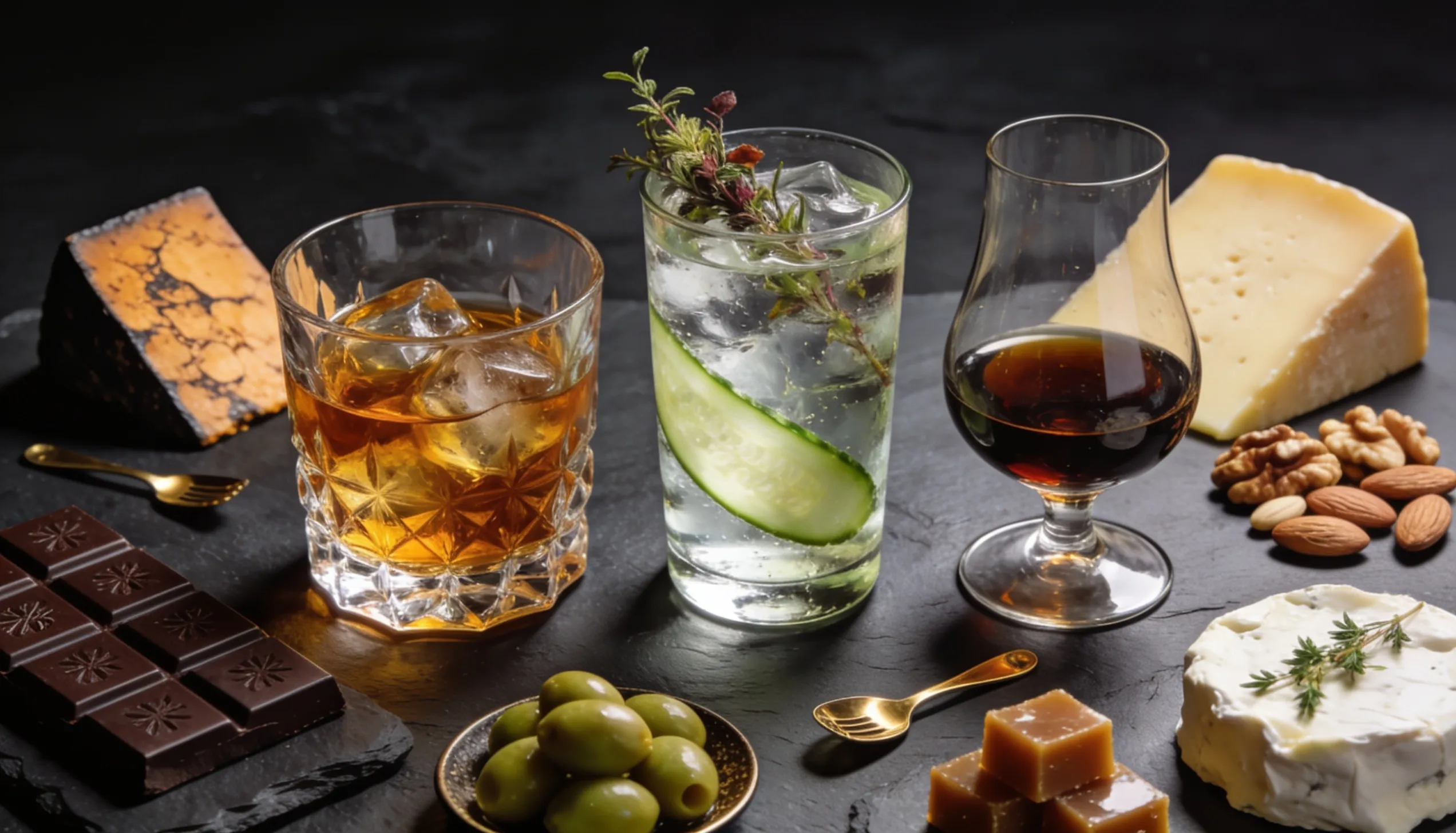 Copas de whisky, ginebra y ron con chocolate oscuro, frutos secos, higos y queso añejo sobre mesa de mármol oscuro