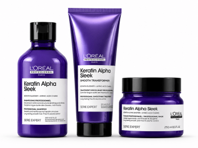 Pack Loreal Keratin Alpha Sleek Shampoo 300 ml + Mascarilla 250 ml + Smooth Transformer 200 ml