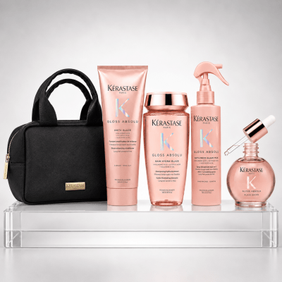 Kerastase Gloss Absolu pack shampoo 250 ml + acondicionador + glaze milk + drops + bolso
